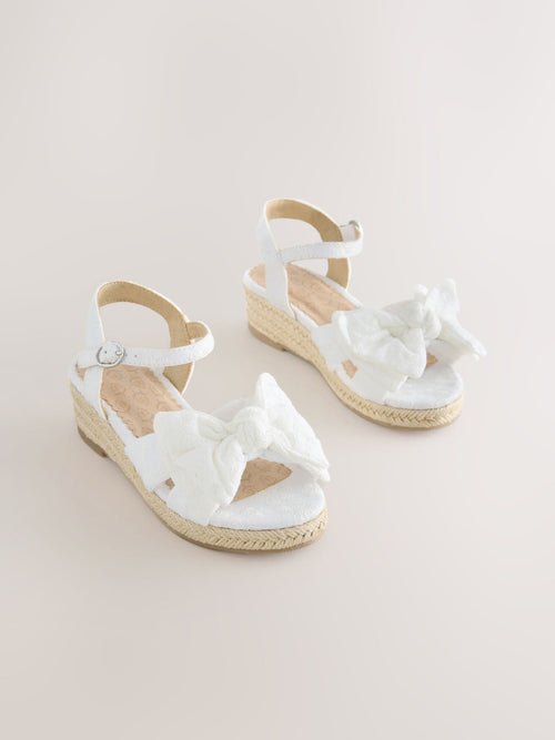 White Broderie Bow Wedge Sandals