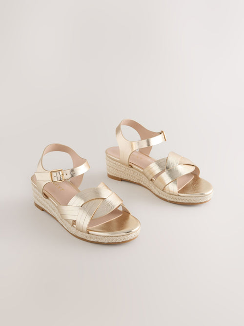 Gold Woven Heeled Wedge Sandals