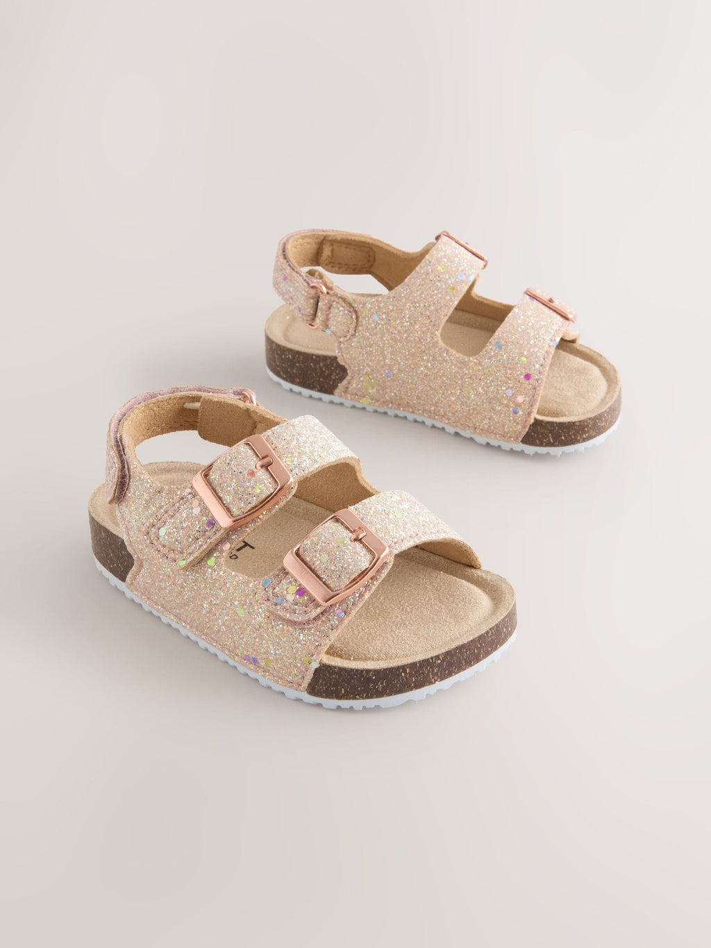 Rose Gold Glitter Wide Fit (G) Double Buckle Cushioned Footbed Sandals