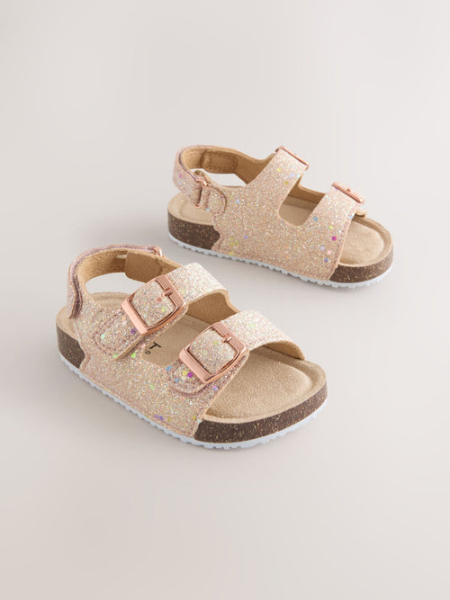 Rose Gold Glitter Wide Fit (G) Double Buckle Cushioned Footbed Sandals