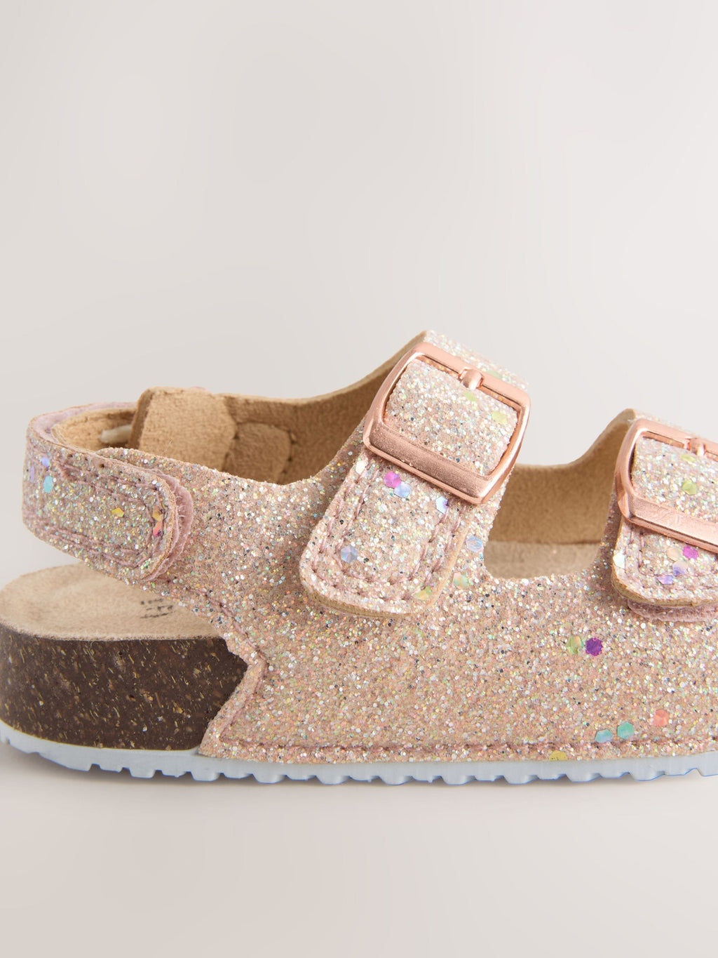 Rose Gold Glitter Wide Fit (G) Double Buckle Cushioned Footbed Sandals