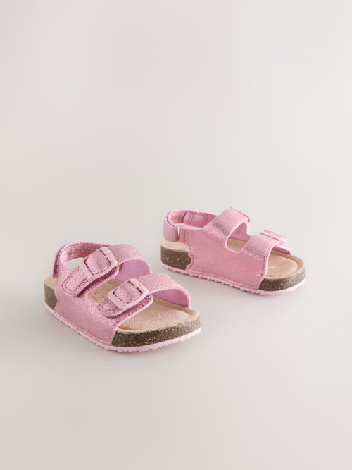 Pink Metallic Standard Fit (F) Double Buckle Cushioned Footbed Sandals