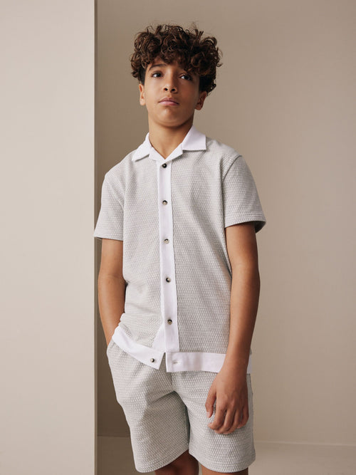 Grey/White Textured Revere Button Through Shirt and Shorts Set (3-16yrs)