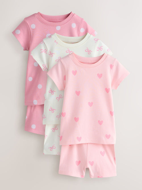 Pink Bow and Heart Print Short Pyjamas 3 Pack (9mths-12yrs)