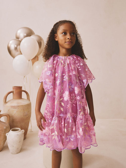 Pink Flower Embroidered Tiered Occasion Dress (3-16yrs)