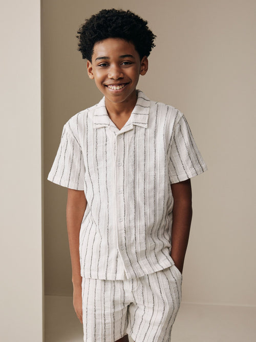 White Short Sleeve Textured Stripe Shirt and Shorts Set (3-16yrs)