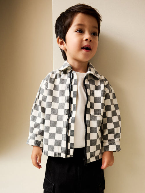 Grey/White Checkerboard Long Sleeve Zip Up Overshirt (3mths-7yrs)