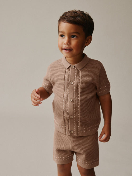Tan Brown Textured Knitted Button Through Polo Shirt and Shorts Set (3mths-10yrs)