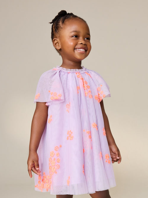 Lilac Fluro Angel Sleeve Mesh Dress (3mths-7yrs)