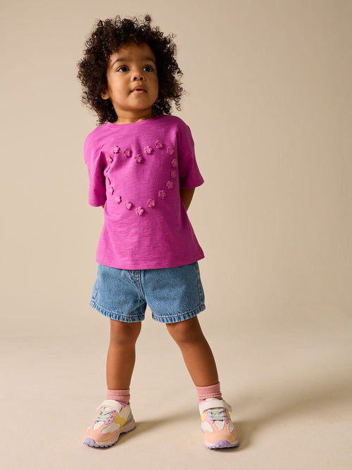 Purple Short Sleeve Heart Embroidered Top (3mths-7yrs)