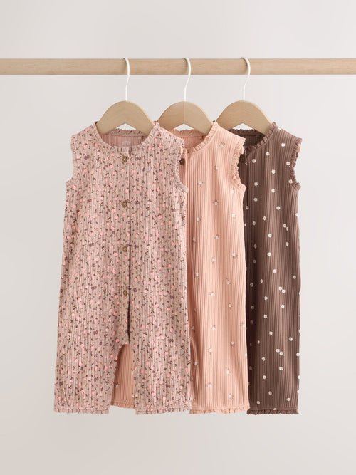 Brown Tonal Floral Printed Button Through Rompers 3 Pack