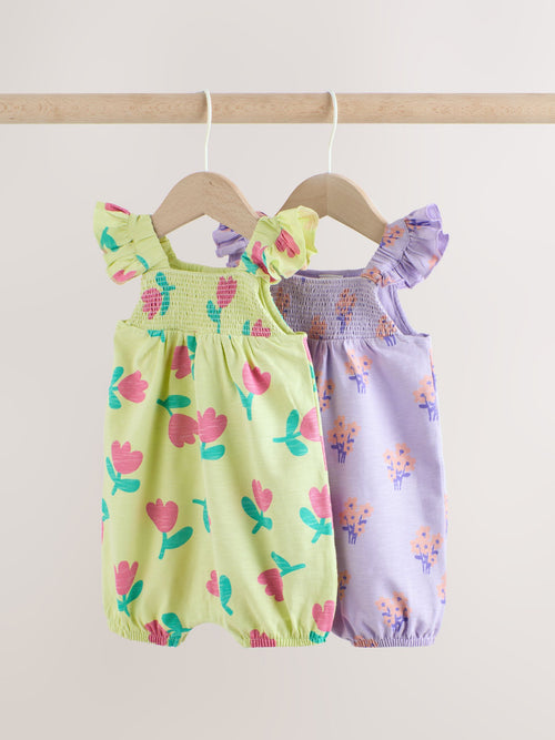 Purple and Green Floral 2 Pack Smocked Smocked Baby Rompers 2 Pack