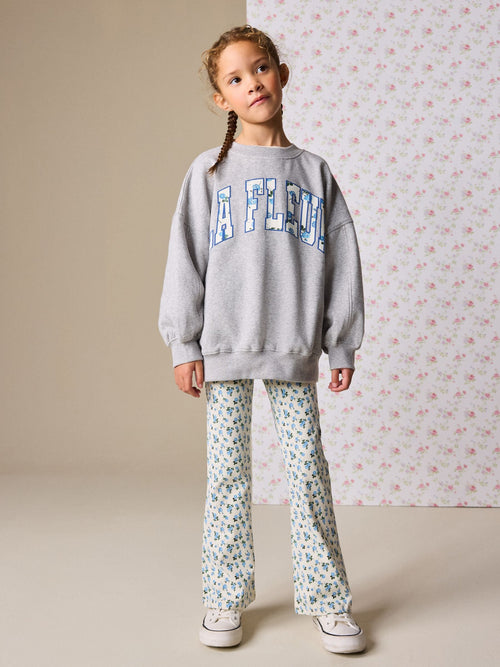 Grey/Blue Floral Slogan Sweatshirt and Flare Leggings Set (3-16yrs)