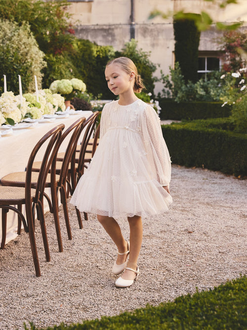 Ecru White 3D Flower Long Sleeve Mesh Flower Dress (3-16yrs)