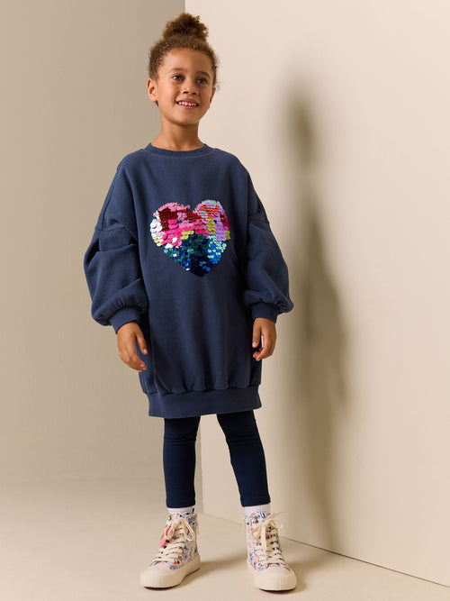 Navy Sequin Heart Jumper Dress (3-16yrs)