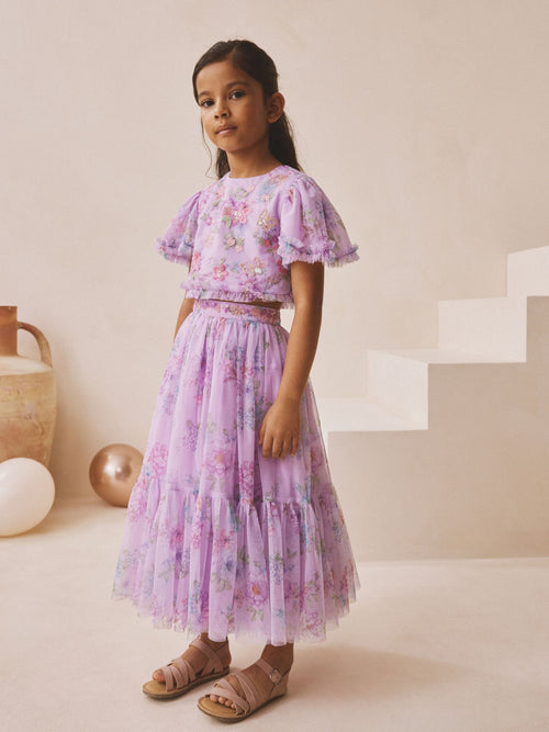 Lilac Purple Floral Embellished Top and Skirt Lehenga Set (3-16yrs)