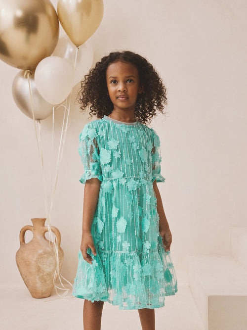 Teal Blue Mesh Flower Sequin Party Dress (3-16yrs)