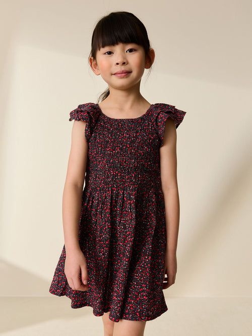 Black Ditsy Smocked Frill Sleeve Dress (3-16yrs)