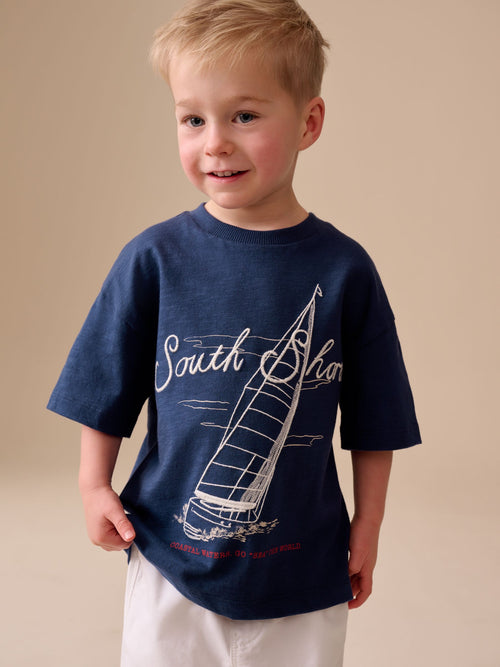 Navy Blue Boat Short Sleeve Graphic T-Shirt (3mths-7yrs)