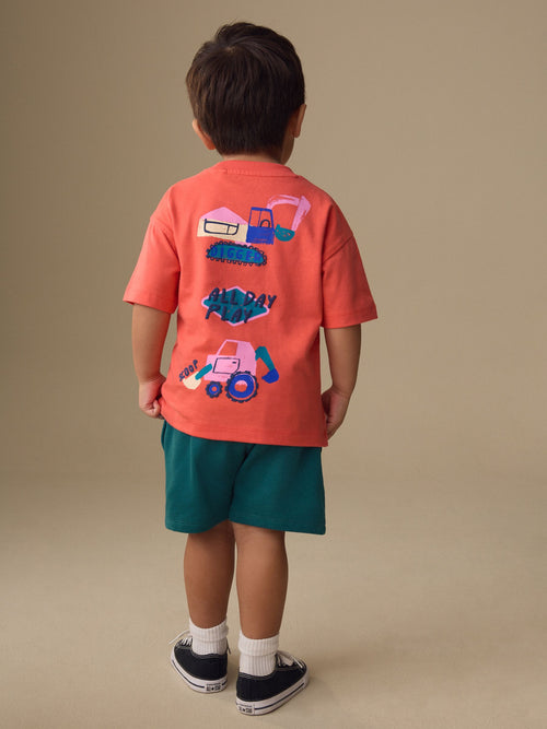 Coral Pink Digger Short Sleeve Back Print T-Shirt and Shorts Set (3mths-7yrs)