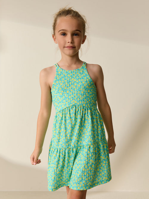 Teal Lemon Print Strappy Crinkle Summer Dress (3-16yrs)
