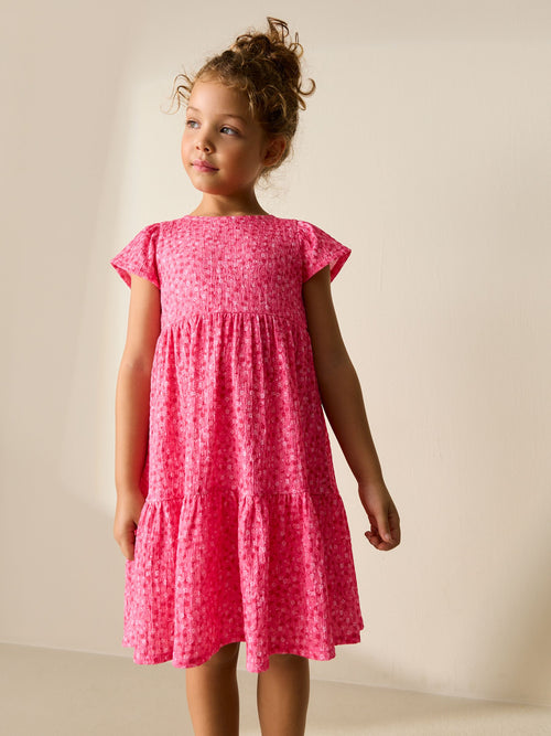 Pink Ditsy Angel Sleeve Crinkle Dress (3-16yrs)