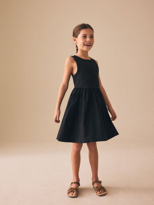 Black Jersey Woven Mix Sleeveless Dress (3-16yrs)