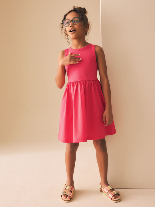 Raspberry Pink Jersey Woven Mix Sleeveless Dress (3-16yrs)