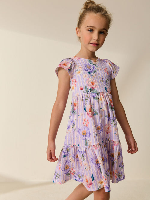 Lilac Floral Angel Sleeve Crinkle Dress (3-16yrs)