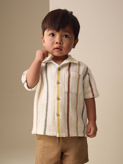 Ecru Striped Short Sleeve Revere Collar Textured Shirt (3mths-7yrs)