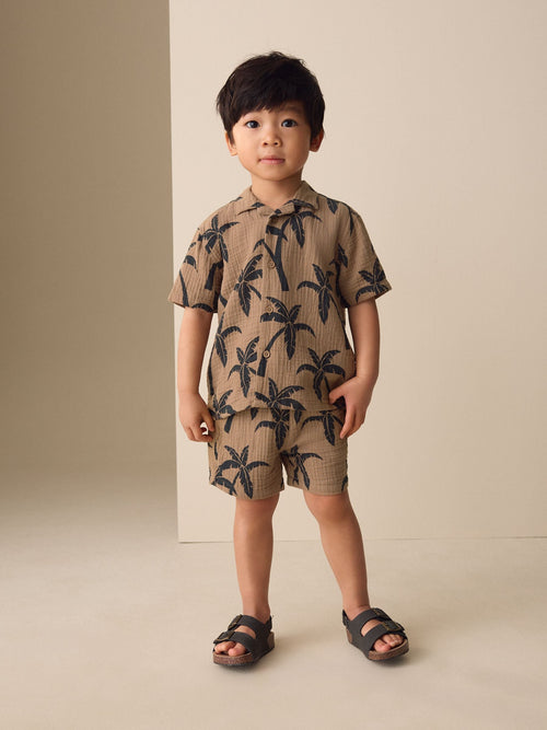 Brown All over Print Palm Short Sleeve Double Cloth Shirt & Shorts Set (3mths-10yrs)