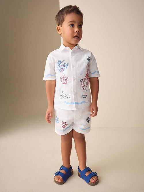 White Sealife Embroidery Short Sleeve Shirt & Shorts Set (3mths-10yrs)