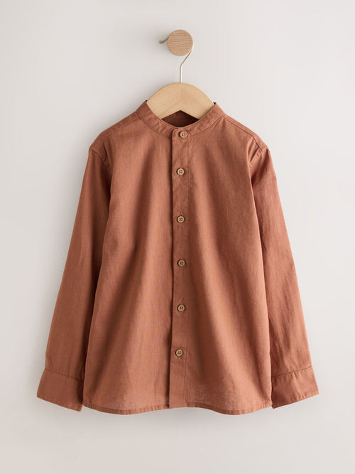 Rust Brown Grandad Collar Linen Mix Long Sleeve Shirt (3-16yrs)