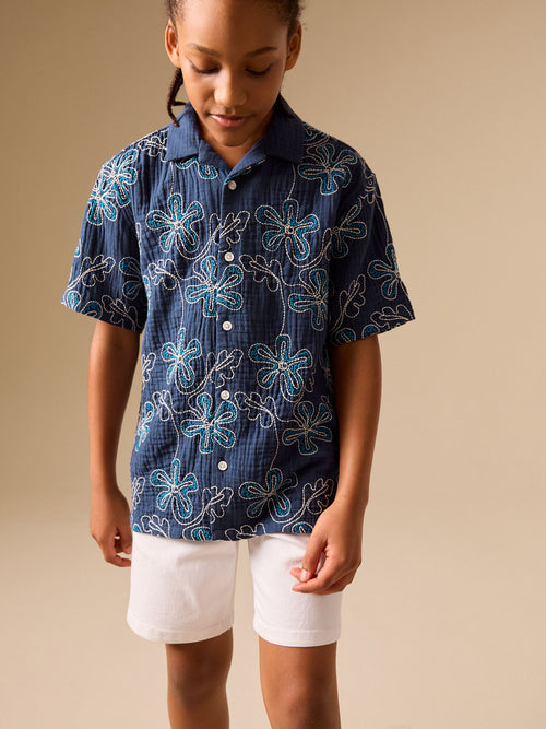 Dark Blue Embroidery Flowers Short Sleeve Revere Collar Shirt (3-16yrs)