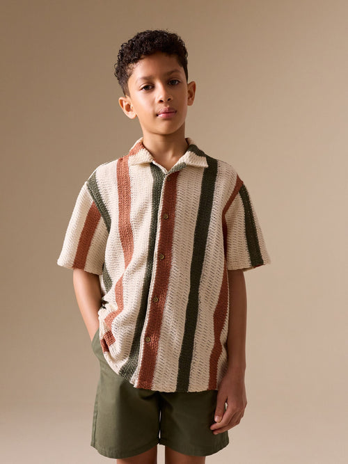 Ecru Short Sleeve Textured Stripe Revere Shirt (3-16yrs)