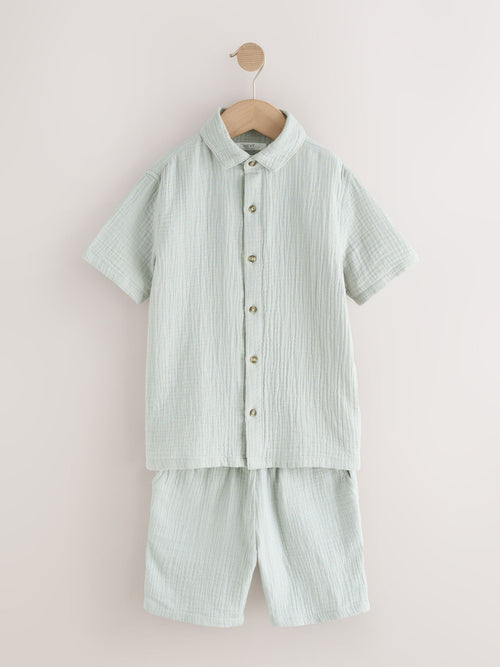 Light Grey Short Sleeve Double Cloth Textured Shirt and Shorts Set (3-16yrs)