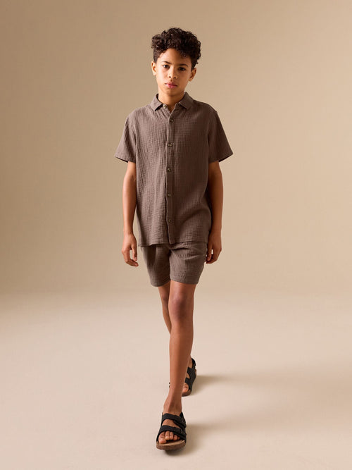Chocolate Brown Short Sleeve Double Cloth Textured Shirt and Shorts Set (3-16yrs)