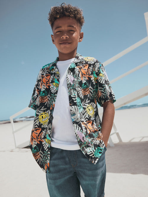 Black Graffiti All Over Print Short Sleeve Revere Collar Shirt (3-16yrs)