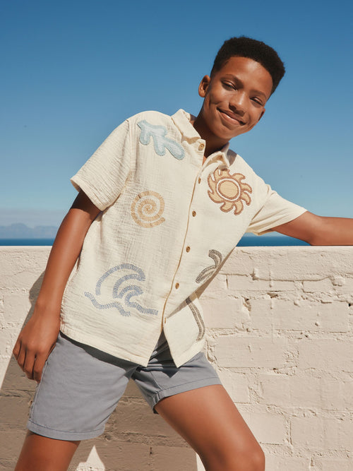 Ecru Embroidery Sun Palm Short Sleeve Palm Embriodered Shirt (3-16yrs)