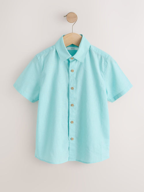 Aqua Blue Short Sleeve Linen Blend Shirt (3-16yrs)