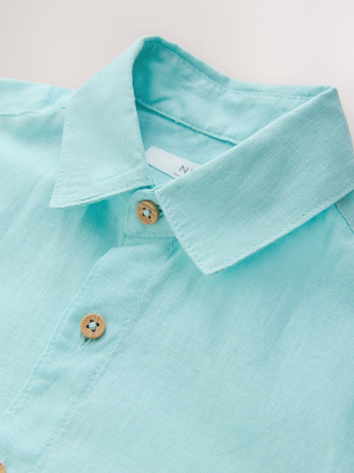 Aqua Blue Short Sleeve Linen Blend Shirt (3-16yrs)