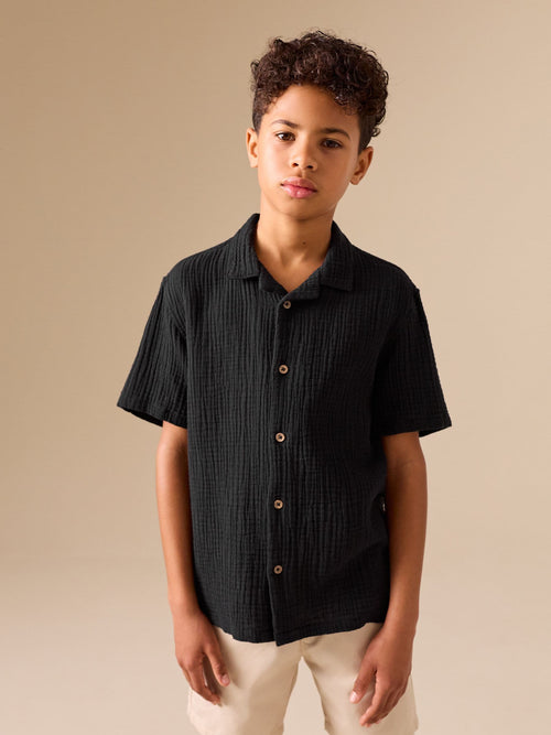 Black Short Sleeve Revere Collar Double Cloth Shirt (3-16yrs)