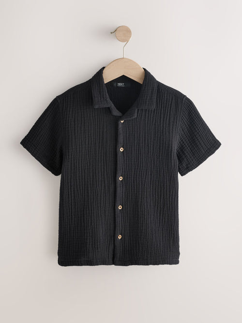 Black Short Sleeve Revere Collar Double Cloth Shirt (3-16yrs)