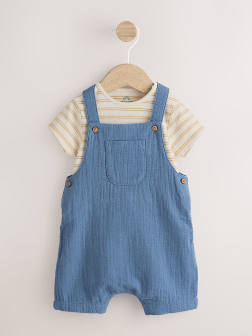 Mid Blue Woven Dungarees and Bodysuit Baby Set (0mths-2yrs)