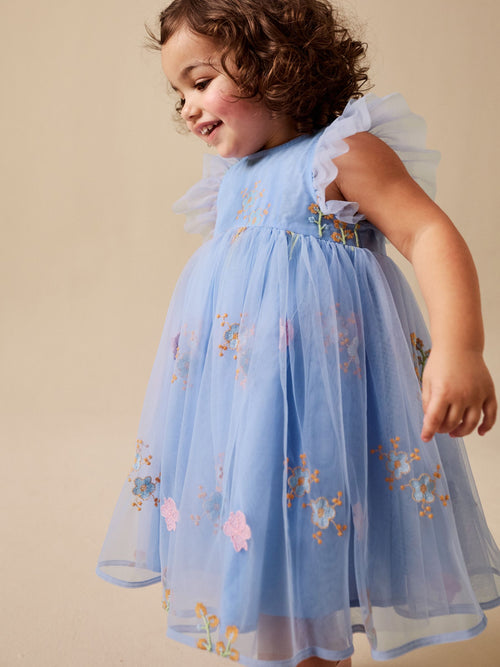 Blue Embroidered Mesh Dress (3mths-7yrs)