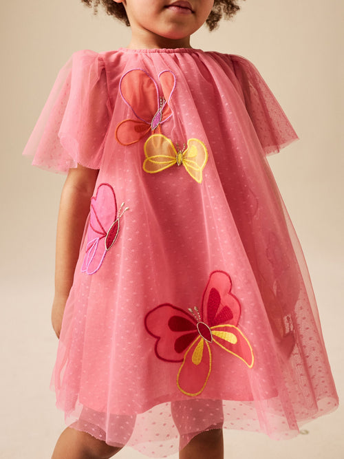 Coral Butterfly Angel Sleeve Mesh Dress (3mths-7yrs)