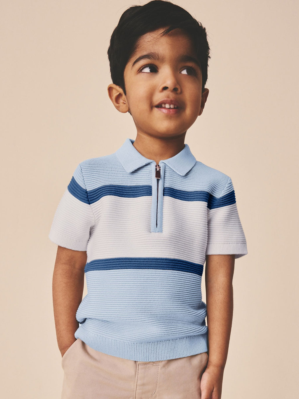 Blue Colourblock Knitted Zip Neck Polo Shirt (3mths-7yrs)