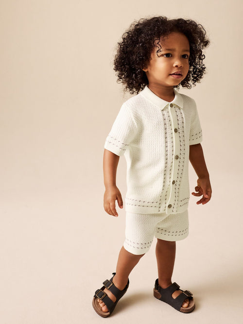 Ecru Textured Knitted Button Through Polo Shirt and Shorts Set (3mths-10yrs)