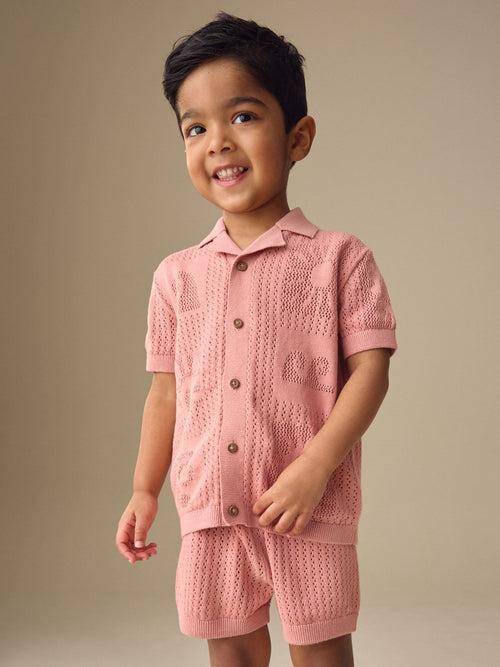 Dusky Pink Textured Knitted Polo Shirt and Shorts Set (3mths-10yrs)