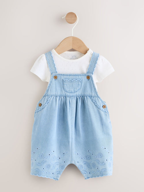 Denim Blue Broiderie Dungaree and Bodysuit Baby 2 Piece Set (0mths-3yrs)
